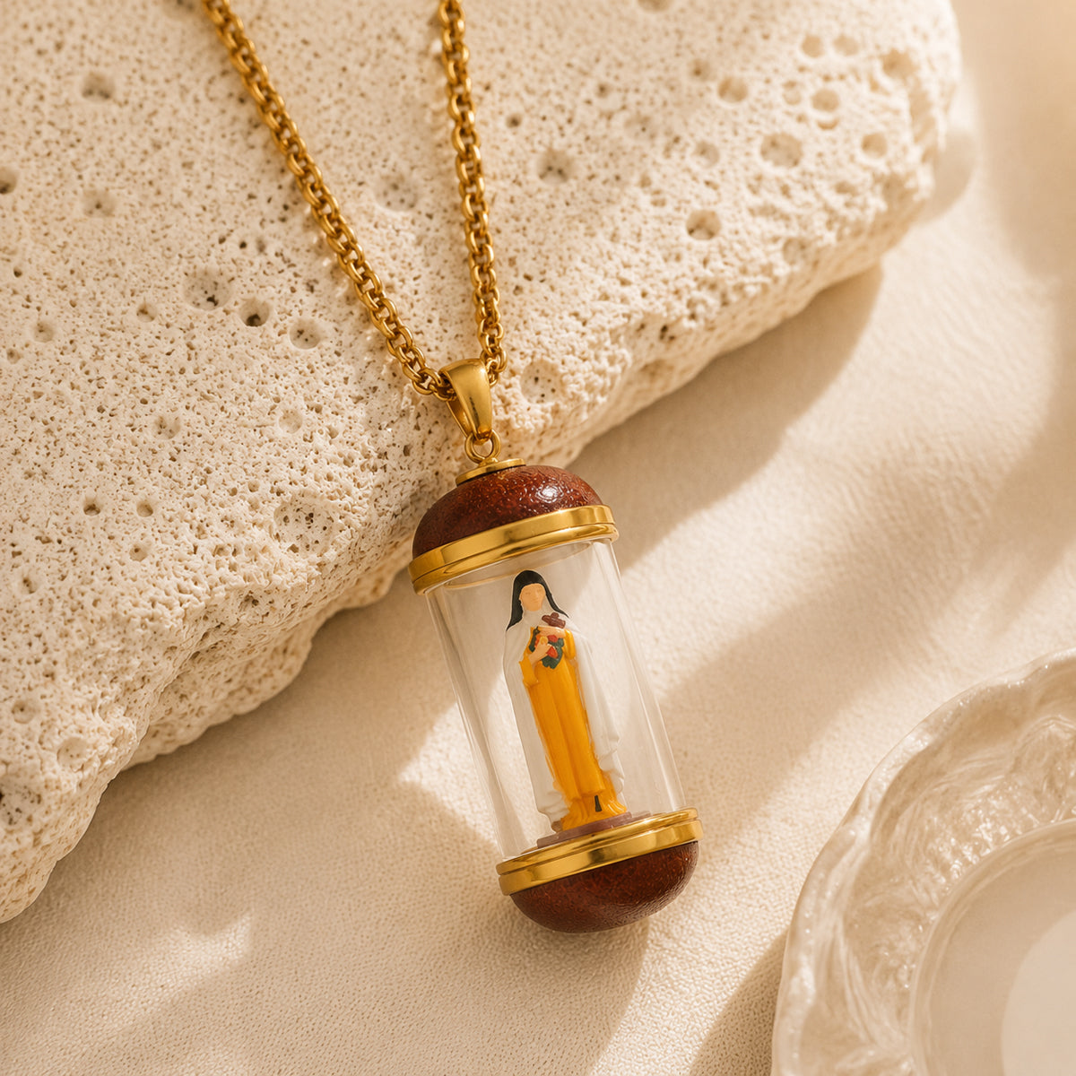 GIVELUCK 18K Gold Plated Saint Therese of Lisieux Miniature Necklace, Devotional Medal, Shimmering rainbow finish, Hand‑Painted Sacred Art Faith Jewelry for Men and Women