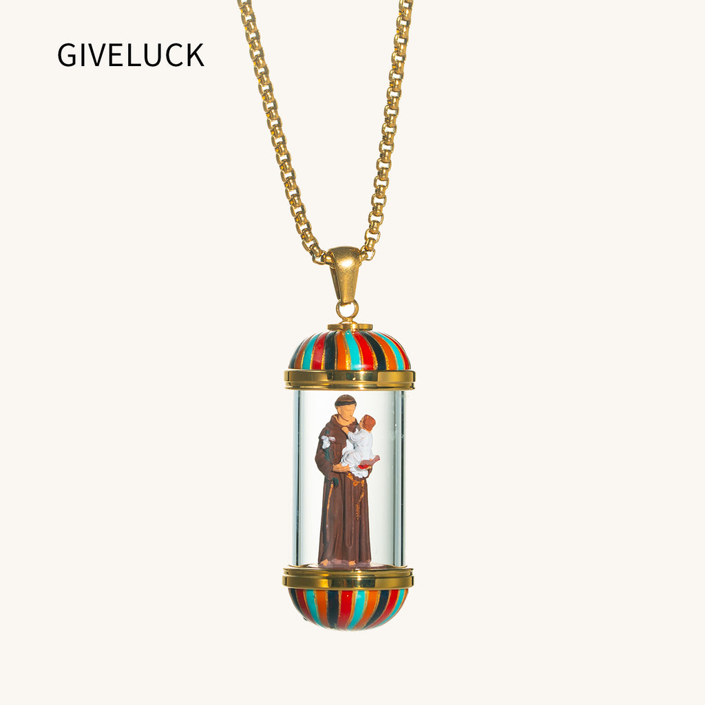 18K Gold Plated Saint Anthony Miniature Necklace, Saint Anthony Devotional Medal,  Hand‑Painted Sacred Art Faith Jewelry for Men and Women