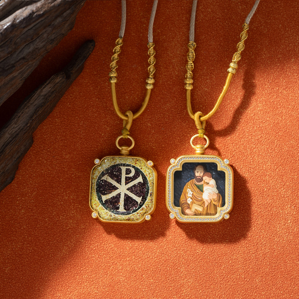 GIVELUCK 18k Plated Gold Zircon Pendant Necklace for Men and Women Cameo Embossing Catholic Medal Saint Joseph Medal Devotional Protection Medal