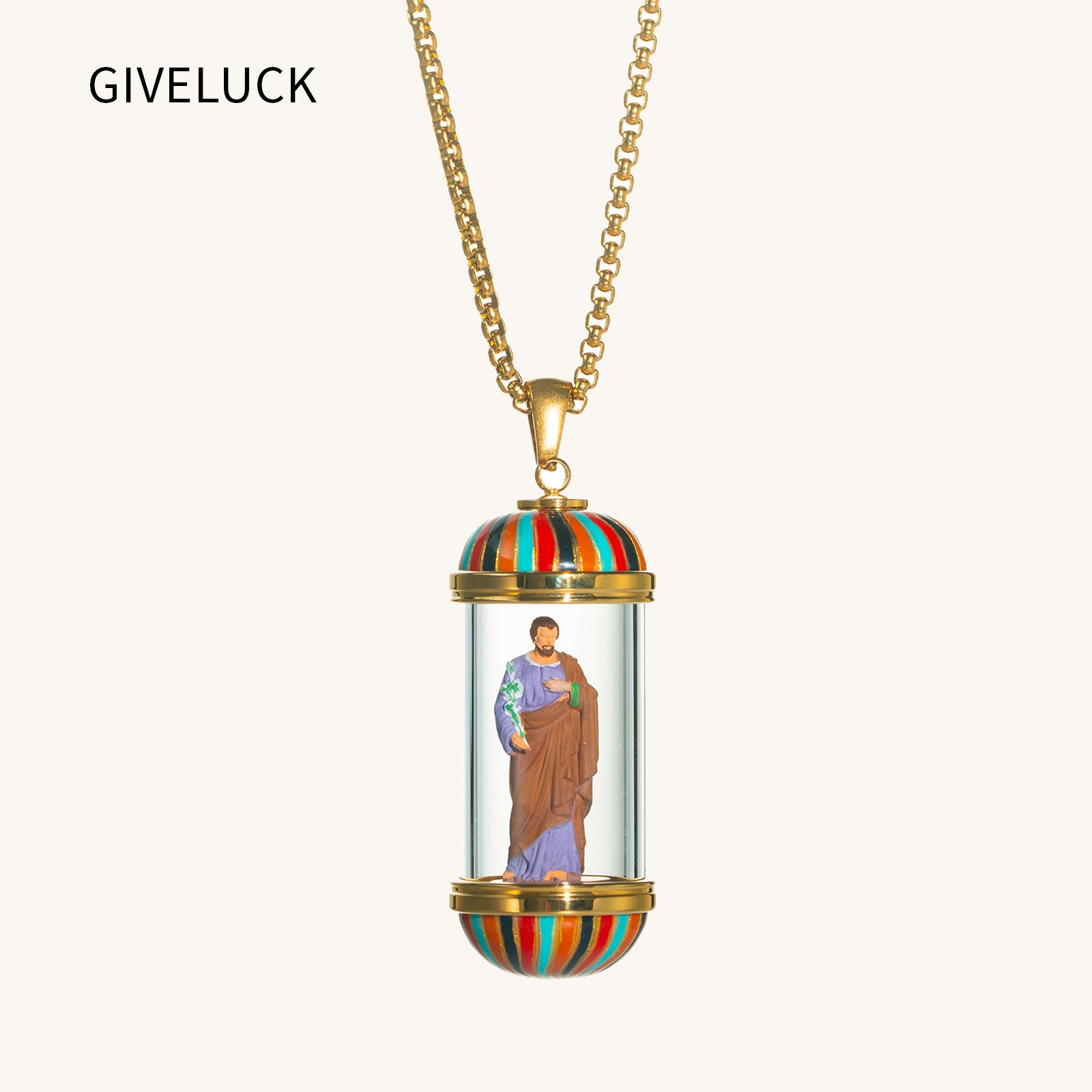 18K Gold Plated Saint Joseph Miniature Necklace, Devotional Medal, Shimmering rainbow finish, Hand‑Painted Sacred Art Faith Jewelry for Men and Women
