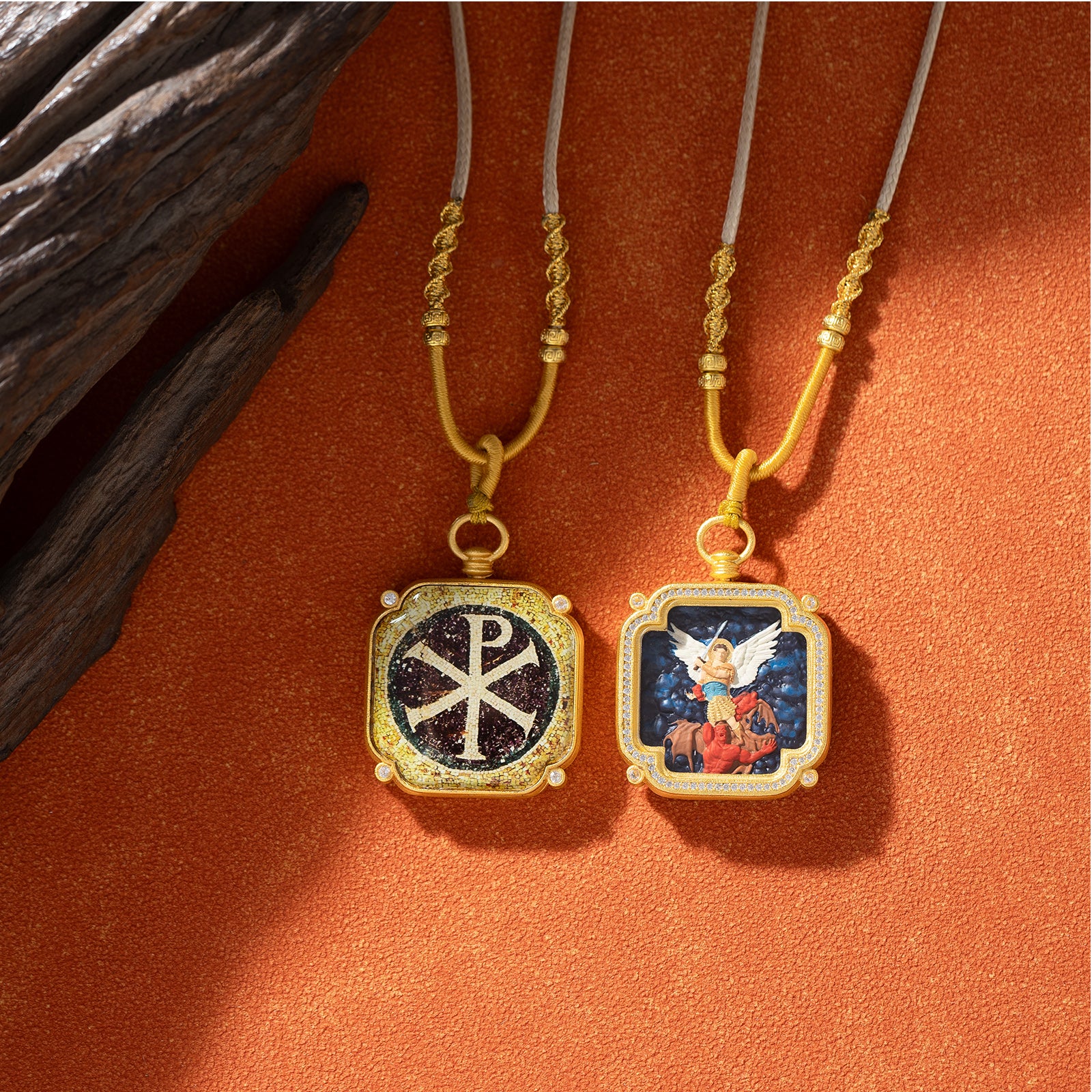IVELUCK 18k Plated Gold Zircon Pendant Necklace Cameo Embossing Catholic Medal Saint Michael the Archangel Protection Medal for Men and Women