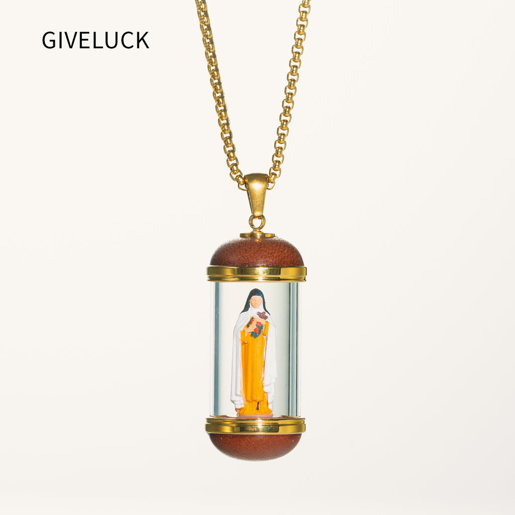 GIVELUCK 18K Gold Plated Saint Therese of Lisieux Miniature Necklace, Devotional Medal, Shimmering rainbow finish, Hand‑Painted Sacred Art Faith Jewelry for Men and Women