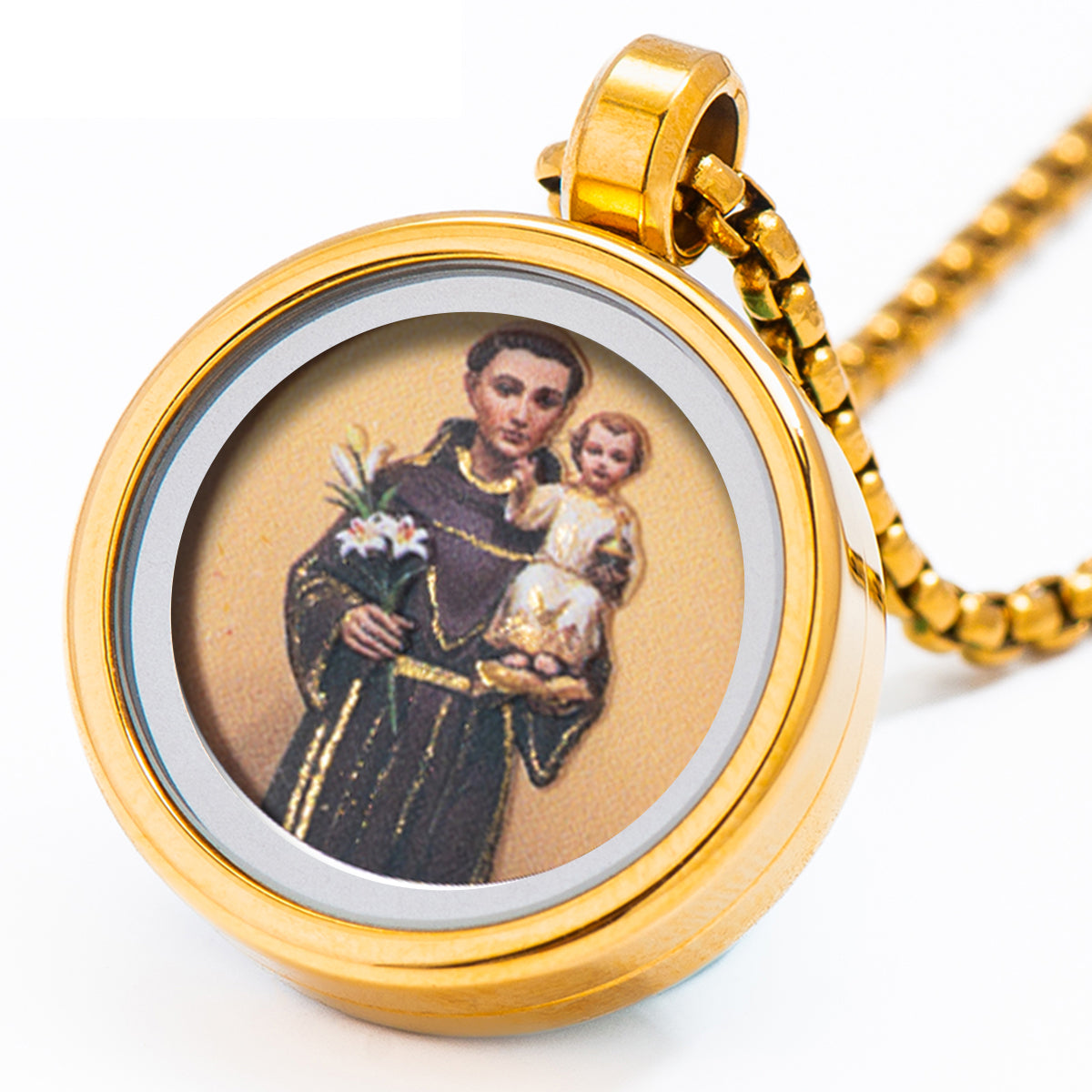 GIVELUCK 18k Plated Gold Catholic Pendant Necklace for Women Men Cameo Embossing Saint Anthony of Padua Devotional Medal Stainless Steel