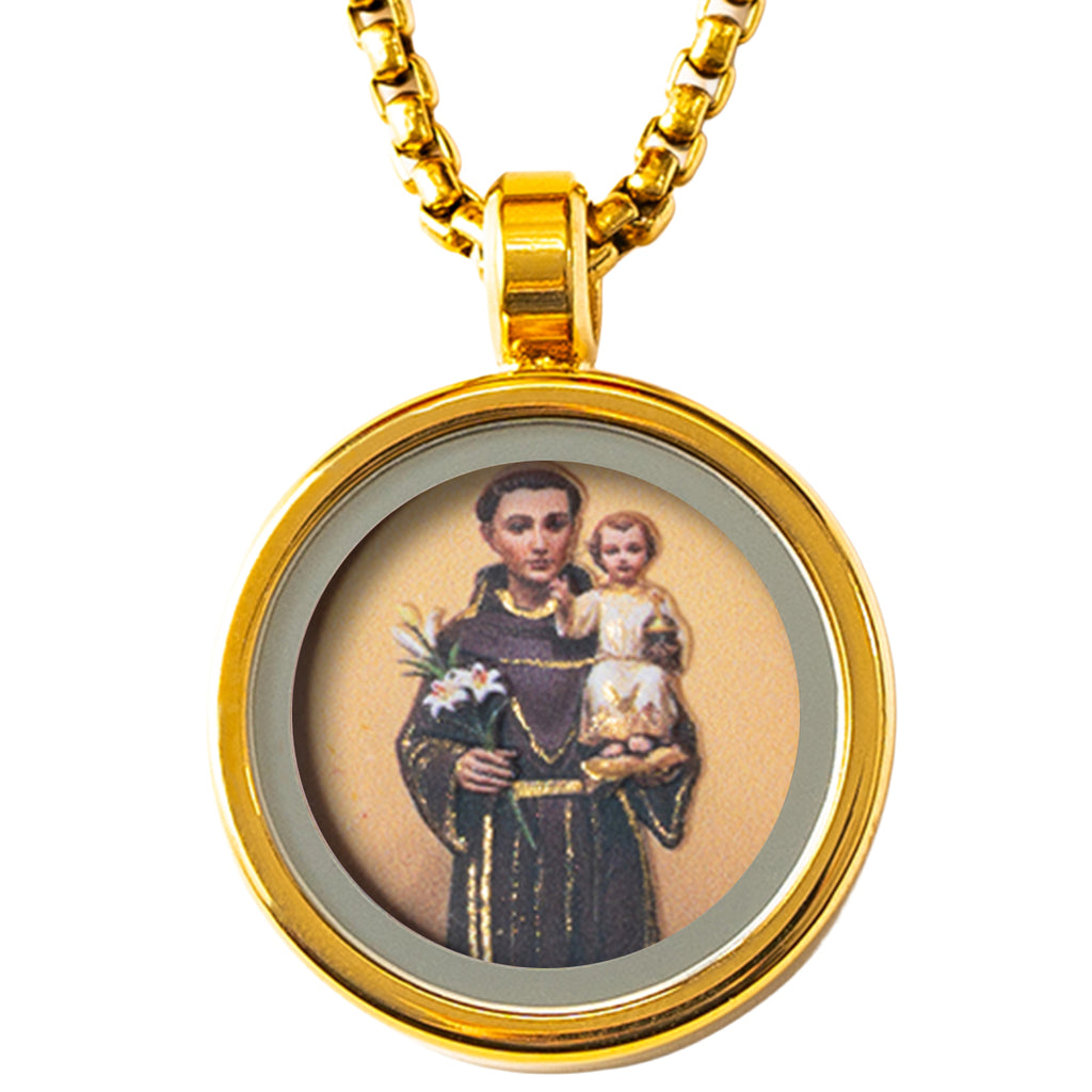 GIVELUCK 18k Plated Gold Catholic Pendant Necklace for Women Men Cameo Embossing Saint Anthony of Padua Devotional Medal Stainless Steel
