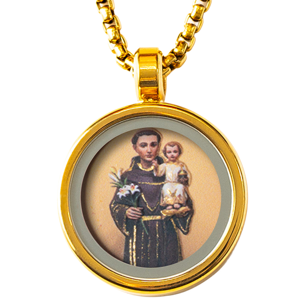 GIVELUCK 18k Plated Gold Catholic Pendant Necklace for Women Men Cameo Embossing Saint Anthony of Padua Devotional Medal Stainless Steel