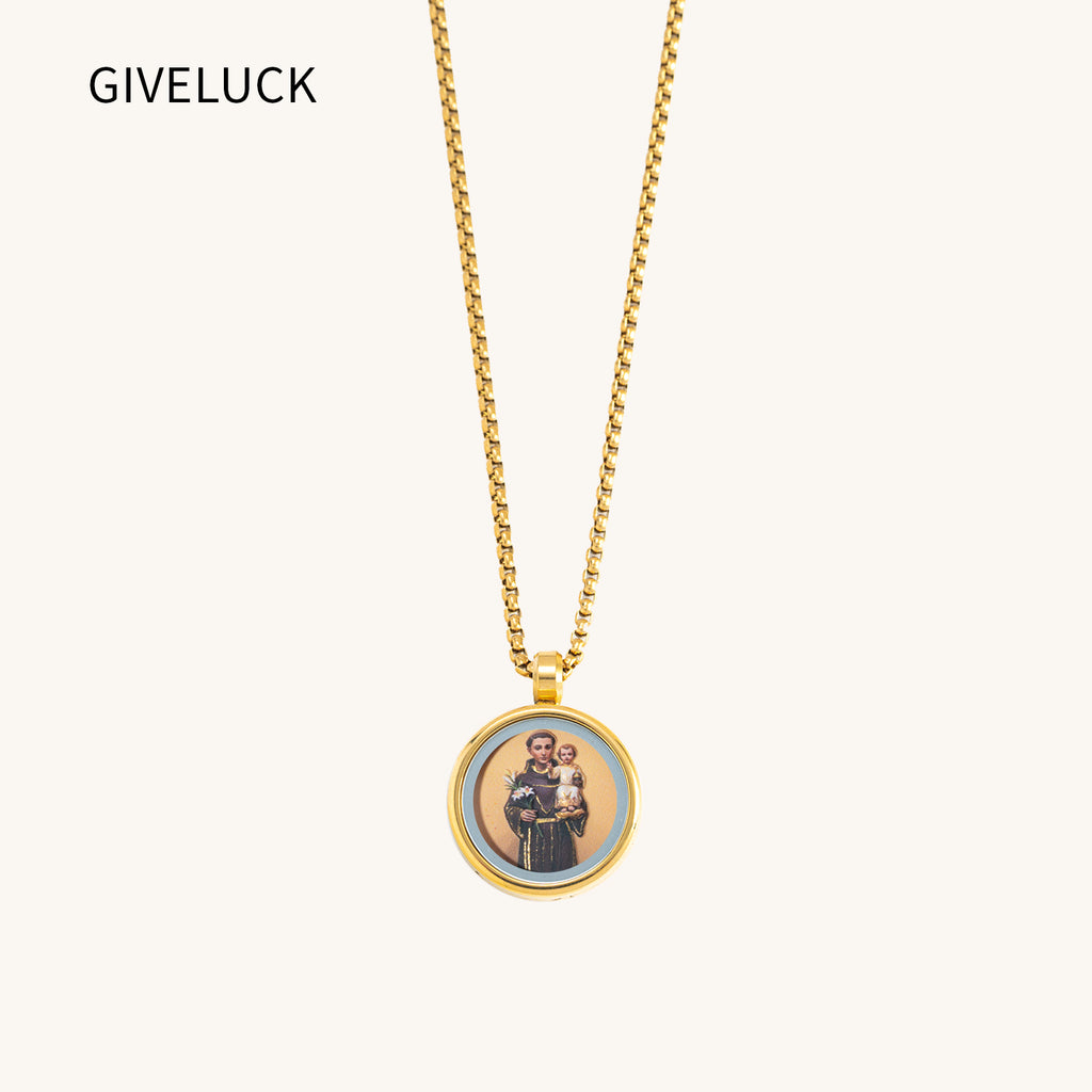 GIVELUCK 18k Plated Gold Catholic Pendant Necklace for Women Men Cameo Embossing Saint Anthony of Padua Devotional Medal Stainless Steel