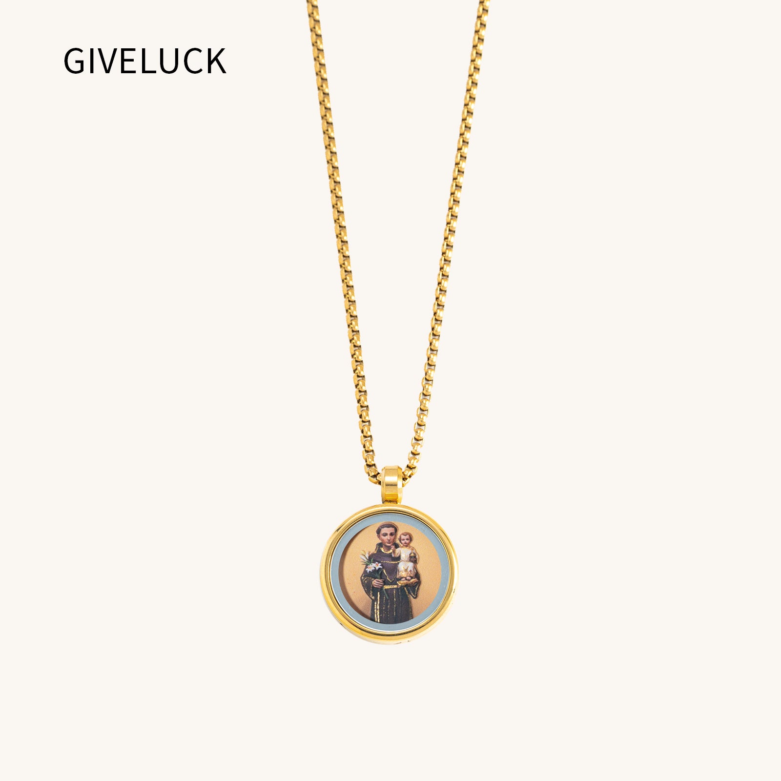 GIVELUCK 18k Plated Gold Catholic Pendant Necklace for Women Men Cameo Embossing Saint Anthony of Padua Devotional Medal Stainless Steel