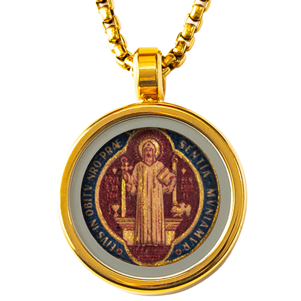 GIVELUCK 18k Plated Gold Catholic St. Benedict Devotional Medal Cameo Embossing Pendant Necklace