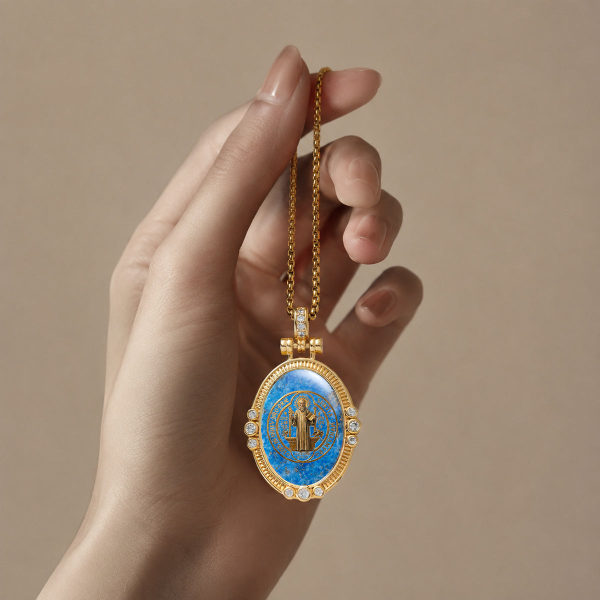 GIVELUCK St. Benedict Necklace for Men & Women, 18K Gold Plated Lapis Lazuli St. Benedict Pendant with Zircon, Catholic Protection Jewelry Gift