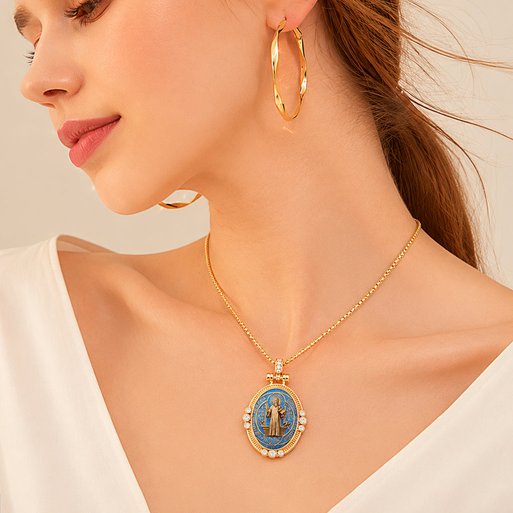 GIVELUCK St. Benedict Necklace for Men & Women, 18K Gold Plated Lapis Lazuli St. Benedict Pendant with Zircon, Catholic Protection Jewelry Gift