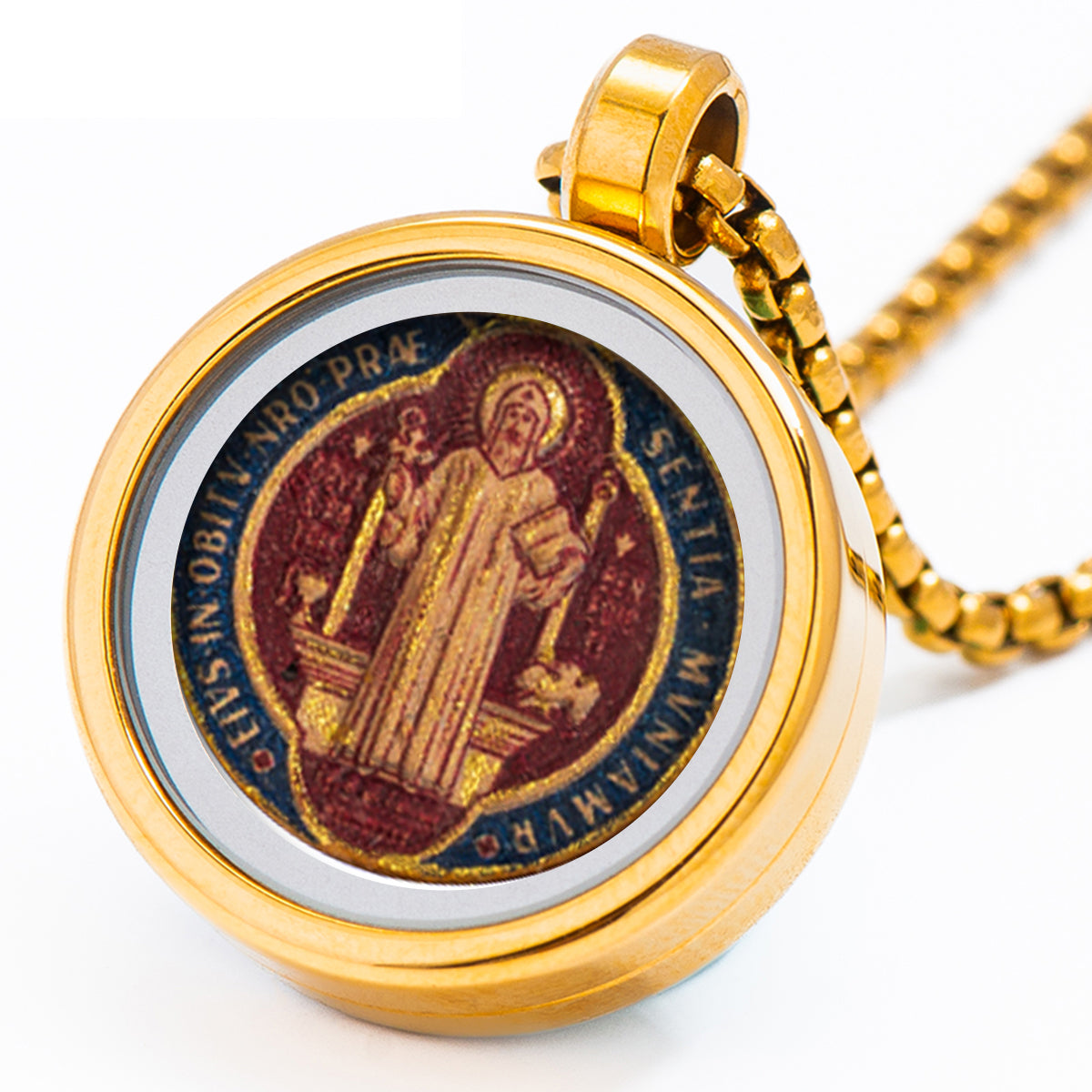 GIVELUCK 18k Plated Gold Catholic St. Benedict Devotional Medal Cameo Embossing Pendant Necklace