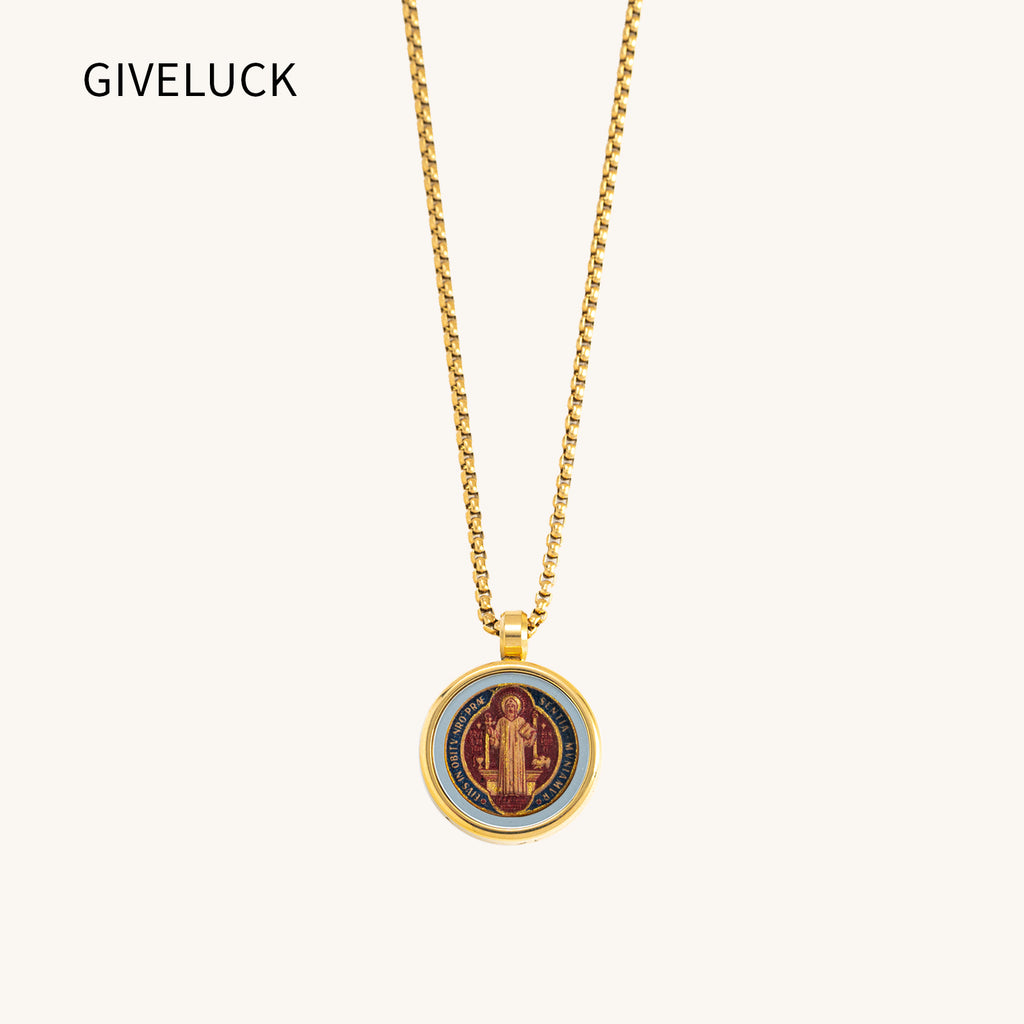 GIVELUCK 18k Plated Gold Catholic St. Benedict Devotional Medal Cameo Embossing Pendant Necklace