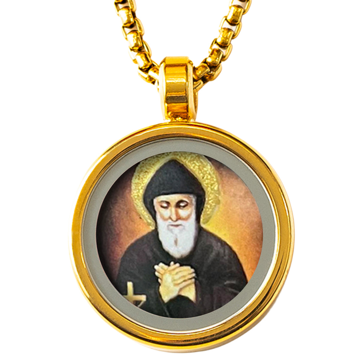 GIVELUCK 18k Plated Gold Catholic Saint Charbel Devotional Medal Cameo Embossing Pendant Necklace