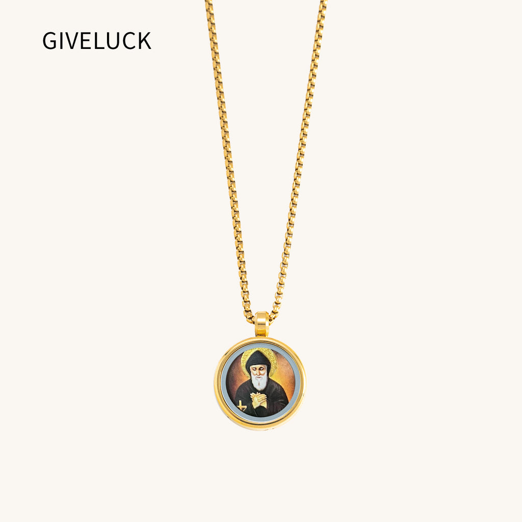 GIVELUCK 18k Plated Gold Catholic Saint Charbel Devotional Medal Cameo Embossing Pendant Necklace