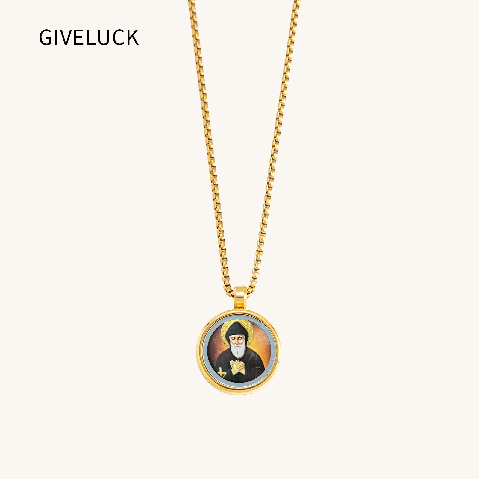 GIVELUCK 18k Plated Gold Catholic Saint Charbel Devotional Medal Cameo Embossing Pendant Necklace