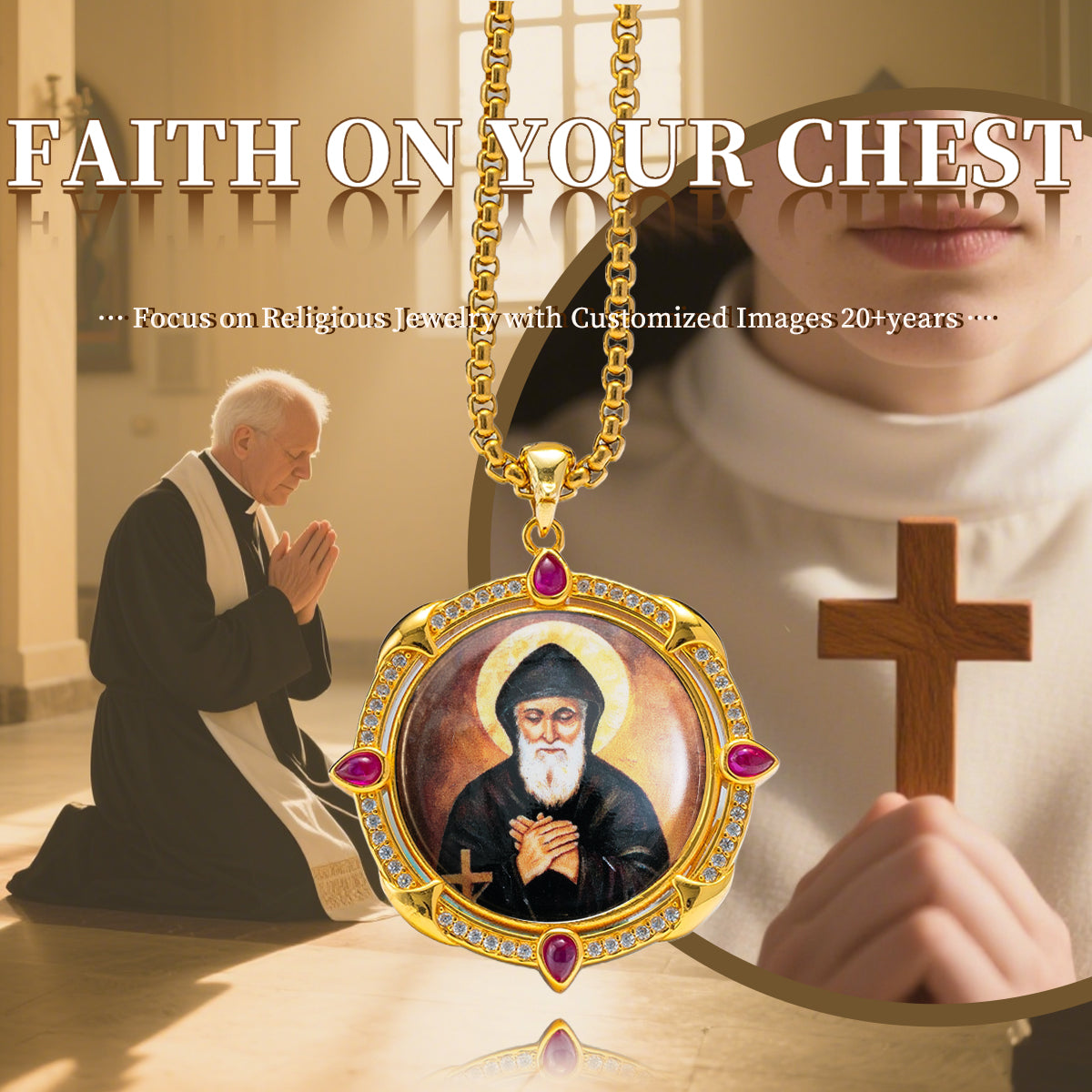 GIVELUCK 18k Plated Gold Catholic Saint Charbel Devotional Medal Enamel Pendant Necklace