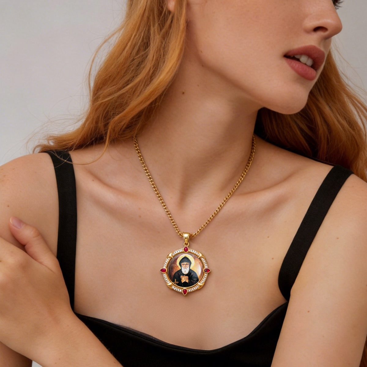 GIVELUCK 18k Plated Gold Catholic Saint Charbel Devotional Medal Enamel Pendant Necklace