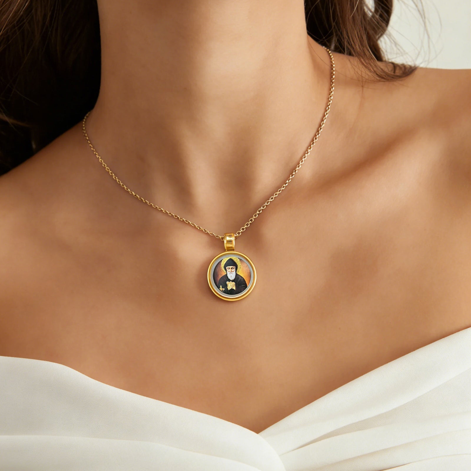 GIVELUCK 18k Plated Gold Catholic Saint Charbel Devotional Medal Cameo Embossing Pendant Necklace