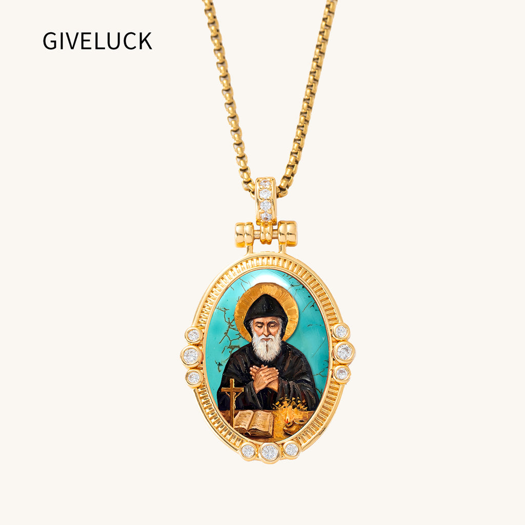 GIVELUCK St. Charbel Necklace for Men & Women, 18K Gold Plated Turquoise St. Charbel Pendant with Zircon, Catholic Protection Jewelry Gift