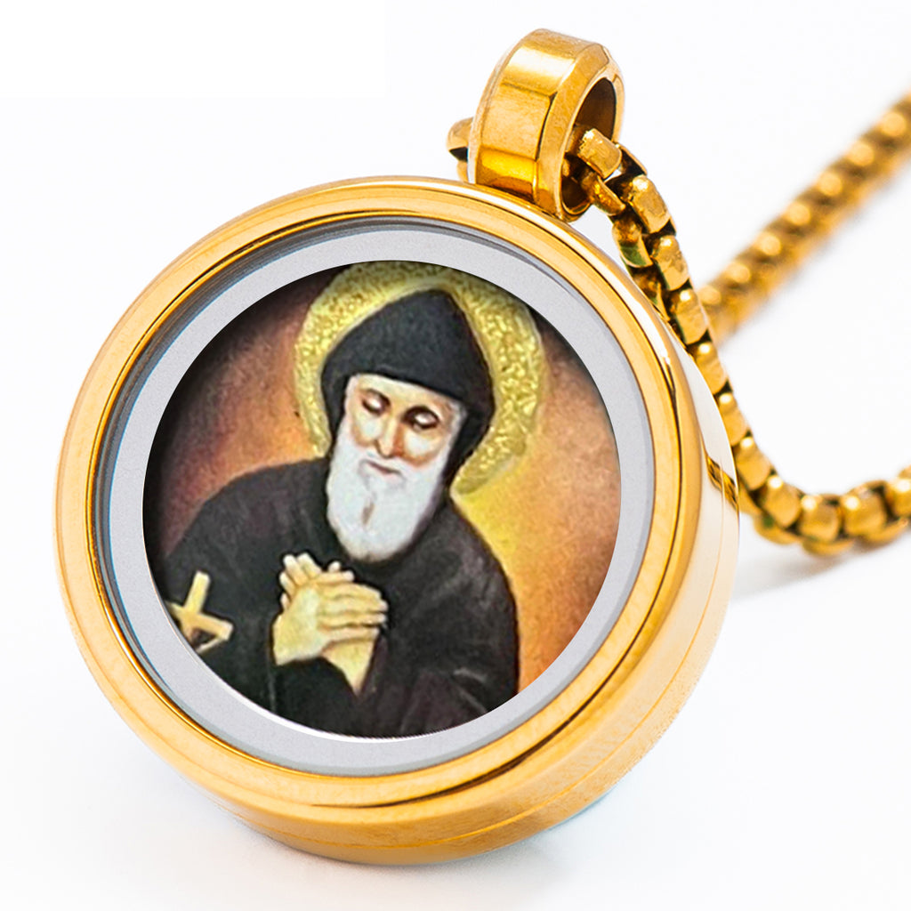GIVELUCK 18k Plated Gold Catholic Saint Charbel Devotional Medal Cameo Embossing Pendant Necklace