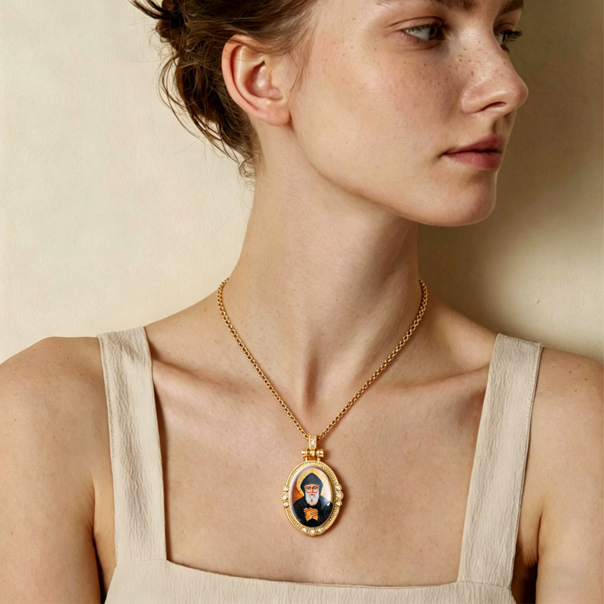 GIVELUCK 18k Plated Gold Pendant Necklace Enamel Eternal Halo St. Charbel Protection Necklace for Women and Men