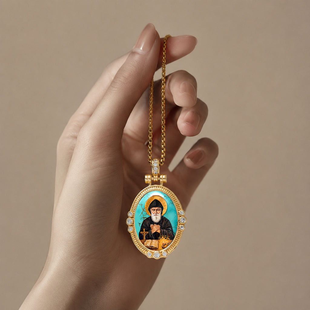 GIVELUCK St. Charbel Necklace for Men & Women, 18K Gold Plated Turquoise St. Charbel Pendant with Zircon, Catholic Protection Jewelry Gift