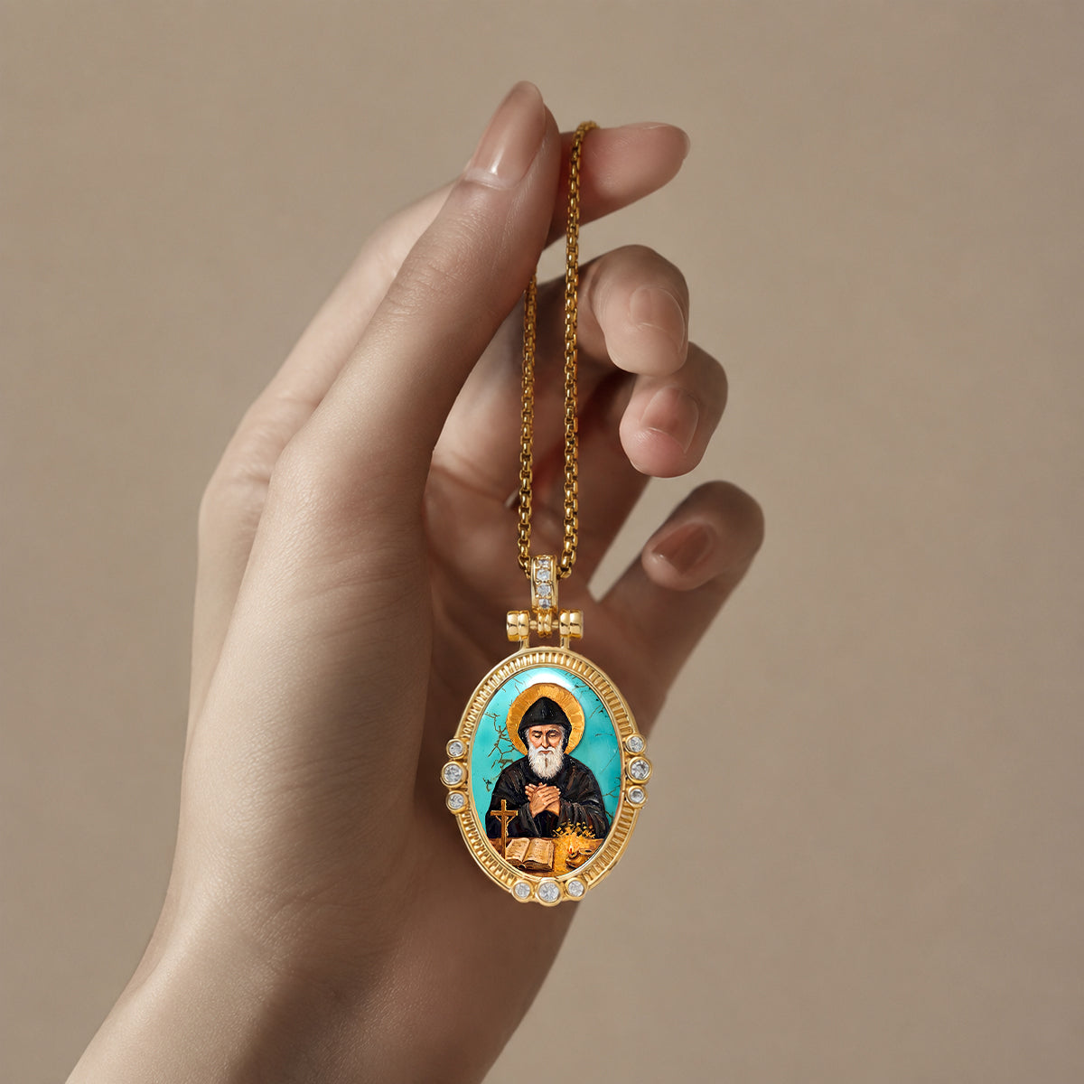 GIVELUCK St. Charbel Necklace for Men & Women, 18K Gold Plated Turquoise St. Charbel Pendant with Zircon, Catholic Protection Jewelry Gift