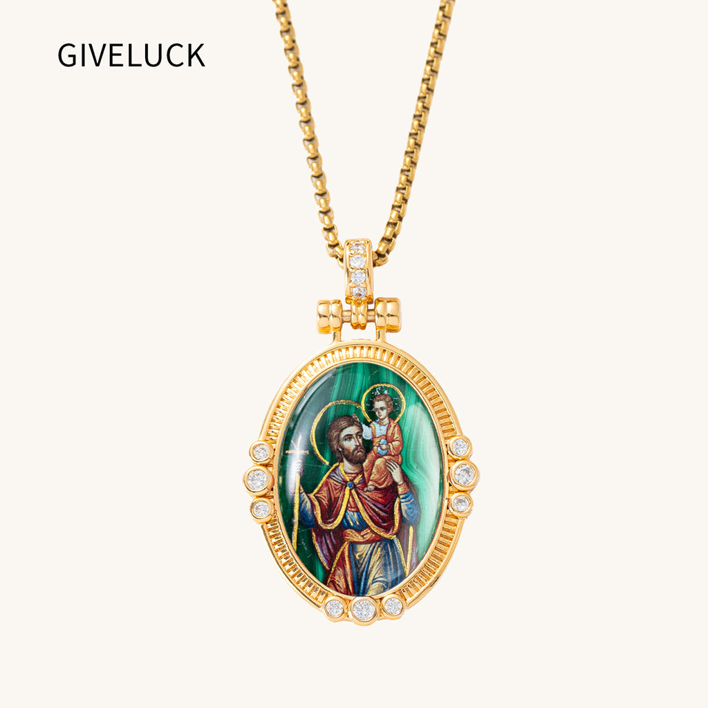 Hand-Painted Theotokos of Kazan Icon Necklace, Tiger's Eye, 18K Gold Plated, Orthodox Christian Jewelry