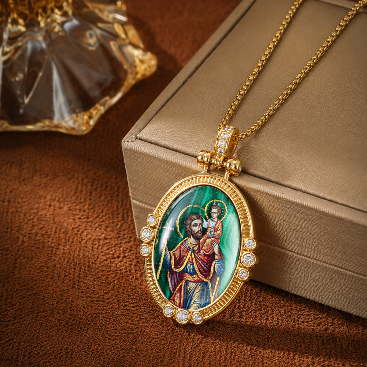 Hand-Painted Theotokos of Kazan Icon Necklace, Tiger's Eye, 18K Gold Plated, Orthodox Christian Jewelry