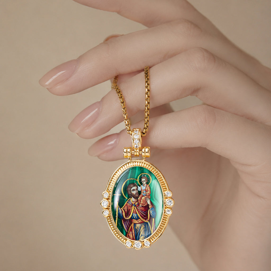 Hand-Painted Theotokos of Kazan Icon Necklace, Tiger's Eye, 18K Gold Plated, Orthodox Christian Jewelry