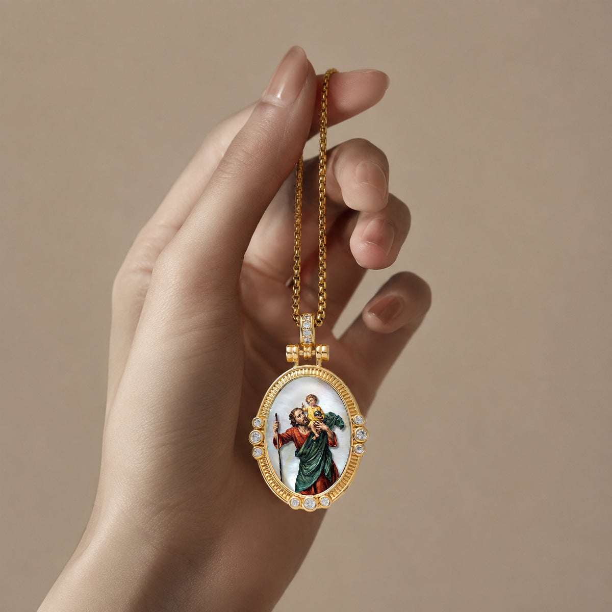 GIVELUCK St. Christopher Necklace for Men & Women, 18K Gold Plated Mother of Pearl Saint Christopher Pendant with Zircon, Catholic Protection Jewelry Gift