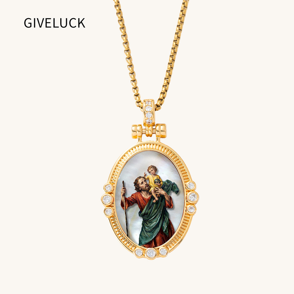 GIVELUCK St. Christopher Necklace for Men & Women, 18K Gold Plated Mother of Pearl Saint Christopher Pendant with Zircon, Catholic Protection Jewelry Gift