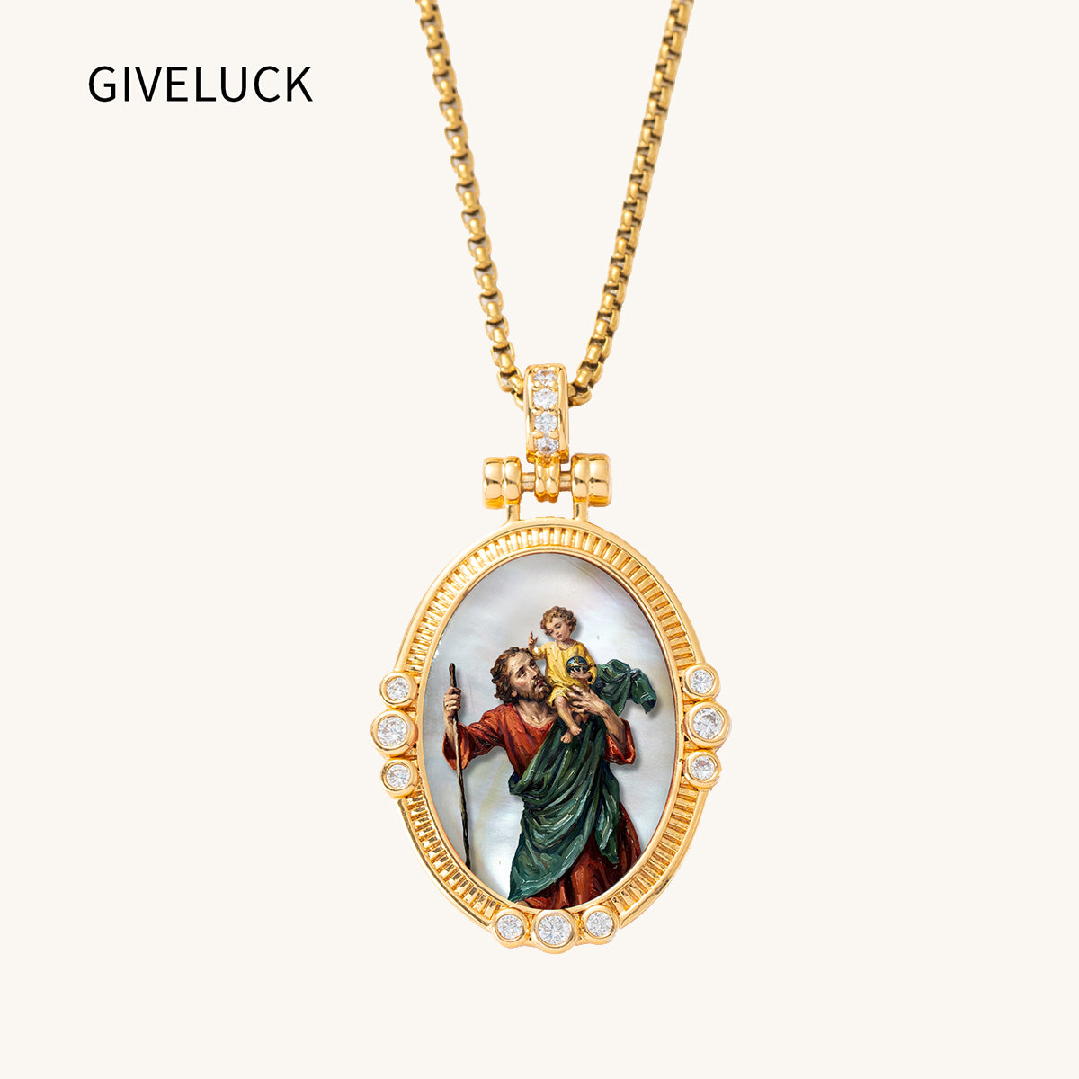 GIVELUCK St. Christopher Necklace for Men & Women, 18K Gold Plated Mother of Pearl Saint Christopher Pendant with Zircon, Catholic Protection Jewelry Gift
