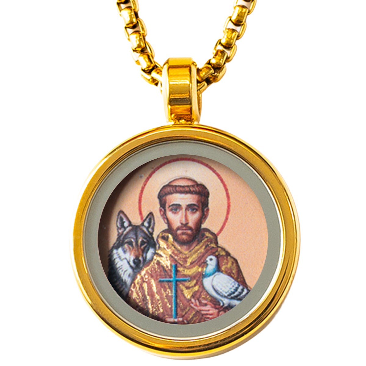 GIVELUCK 18k Plated Gold Pendant Necklace Cameo Embossing Catholic Medal Saint-Francis-of-Assisi Devotional Medal Protection Medal