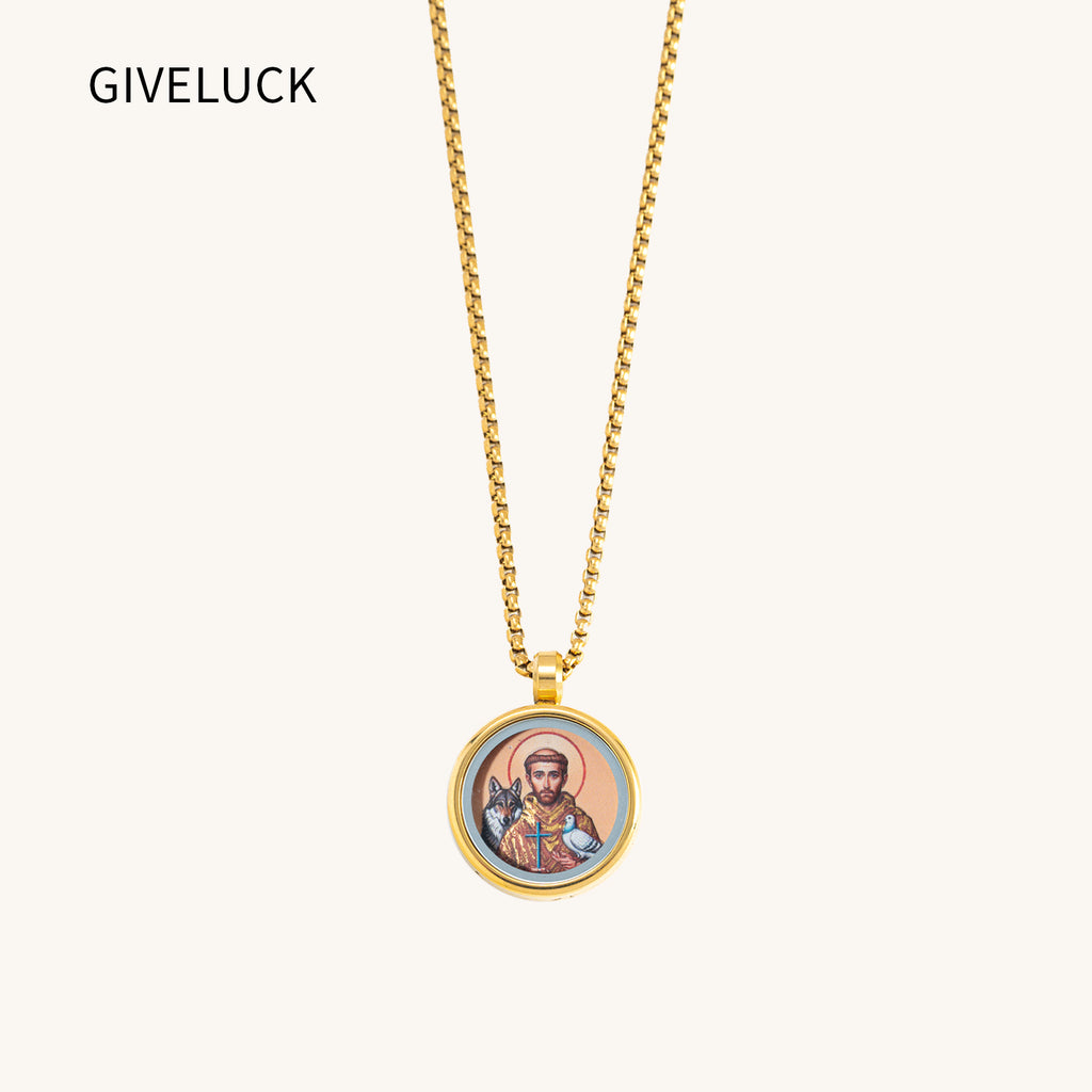 GIVELUCK 18k Plated Gold Pendant Necklace Cameo Embossing Catholic Medal Saint-Francis-of-Assisi Devotional Medal Protection Medal