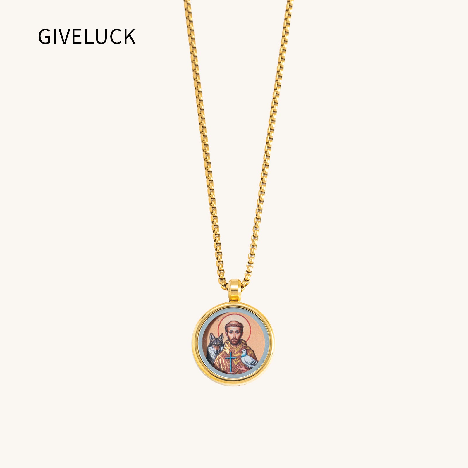GIVELUCK 18k Plated Gold Pendant Necklace Cameo Embossing Catholic Medal Saint-Francis-of-Assisi Devotional Medal Protection Medal