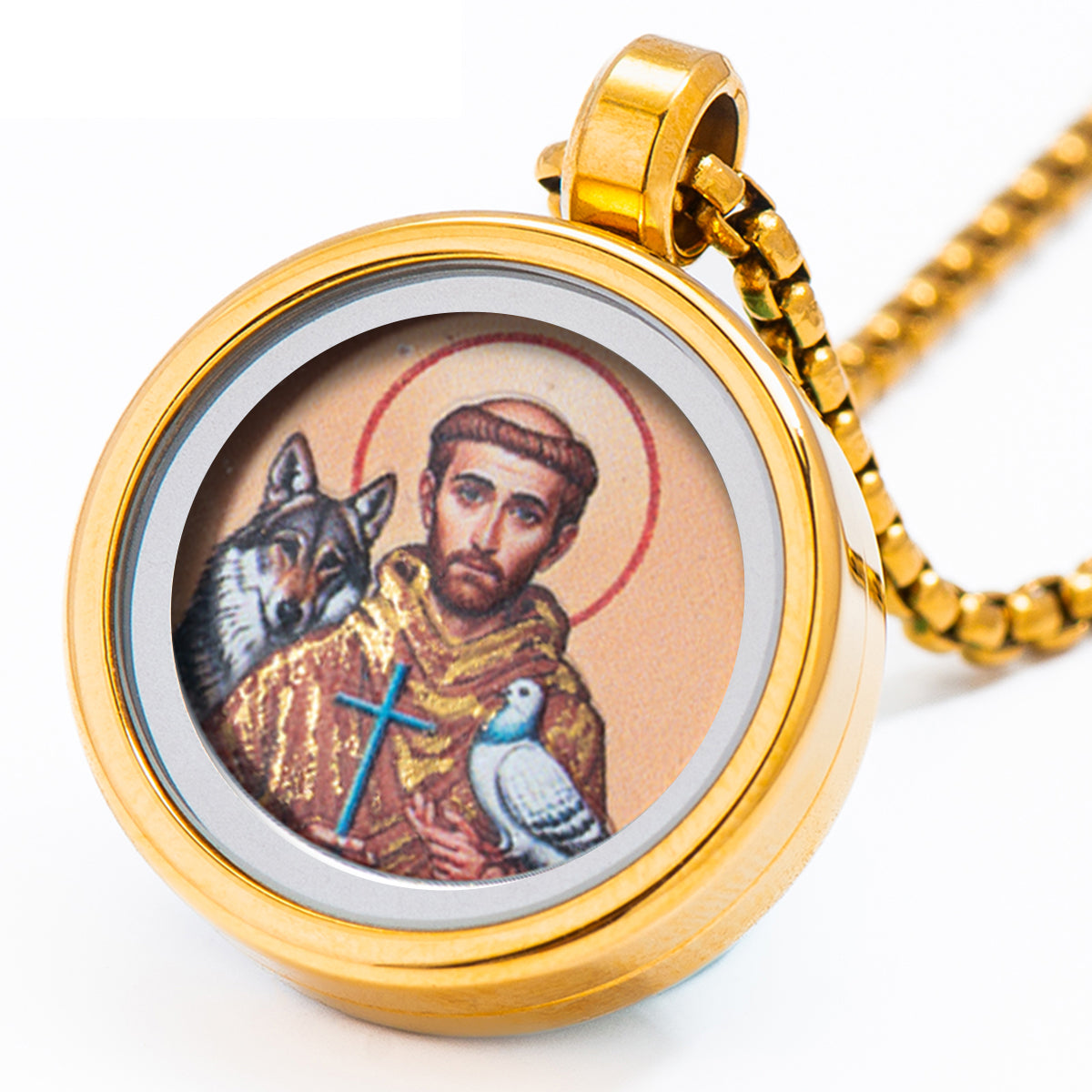 GIVELUCK 18k Plated Gold Pendant Necklace Cameo Embossing Catholic Medal Saint-Francis-of-Assisi Devotional Medal Protection Medal