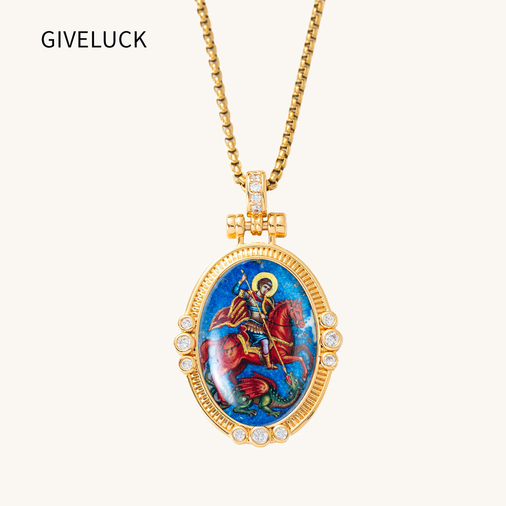 Saint George Medal Pendant, 18K Gold Plated Lapis Lazuli Catholic Jewelry
