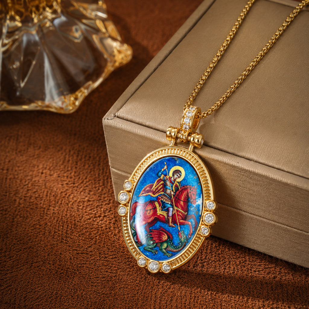 Saint George Medal Pendant, 18K Gold Plated Lapis Lazuli Catholic Jewelry
