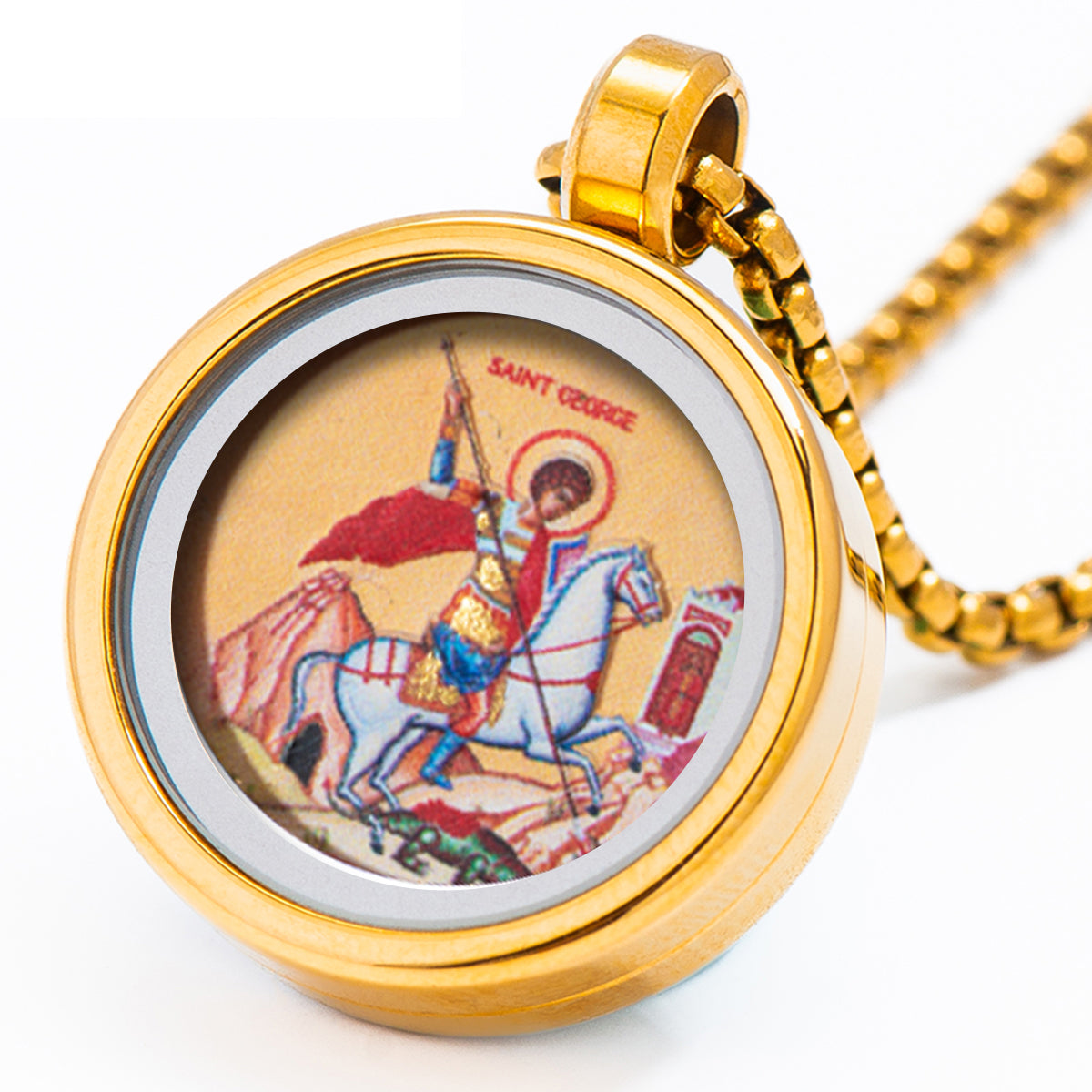 GIVELUCK 18k Plated Gold Pendant Necklace Cameo Embossing Catholic Medal Saint George Medal Dragon slayer Protection Medal Devotional Medal
