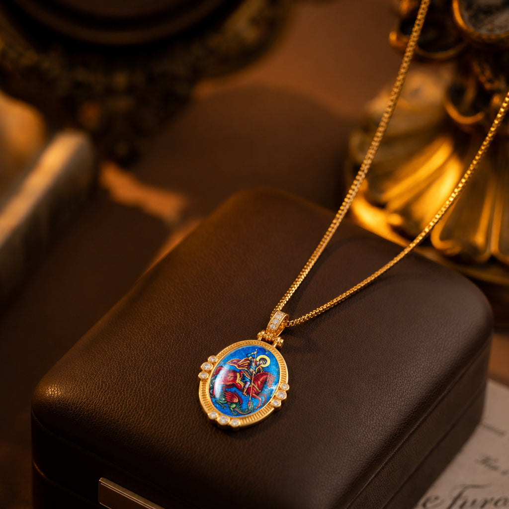 Saint George Medal Pendant, 18K Gold Plated Lapis Lazuli Catholic Jewelry