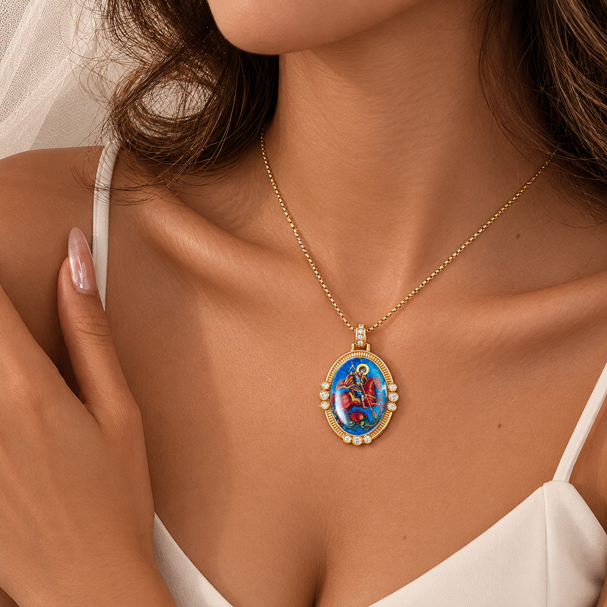 Saint George Medal Pendant, 18K Gold Plated Lapis Lazuli Catholic Jewelry