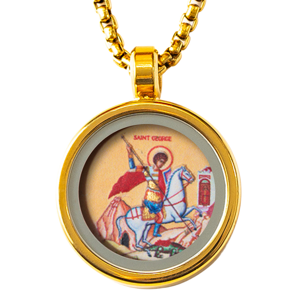 GIVELUCK 18k Plated Gold Pendant Necklace Cameo Embossing Catholic Medal Saint George Medal Dragon slayer Protection Medal Devotional Medal