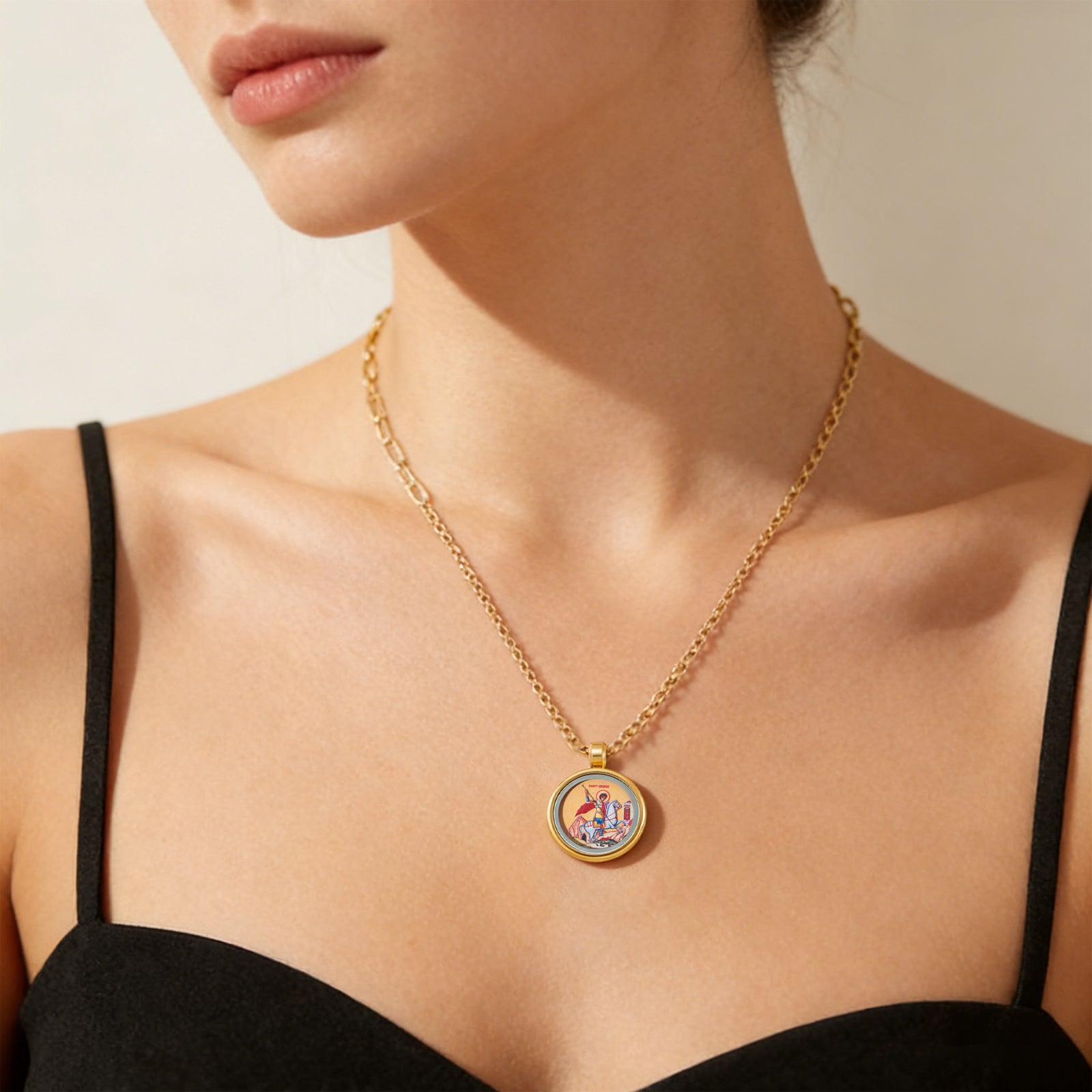 GIVELUCK 18k Plated Gold Pendant Necklace Cameo Embossing Catholic Medal Saint George Medal Dragon slayer Protection Medal Devotional Medal