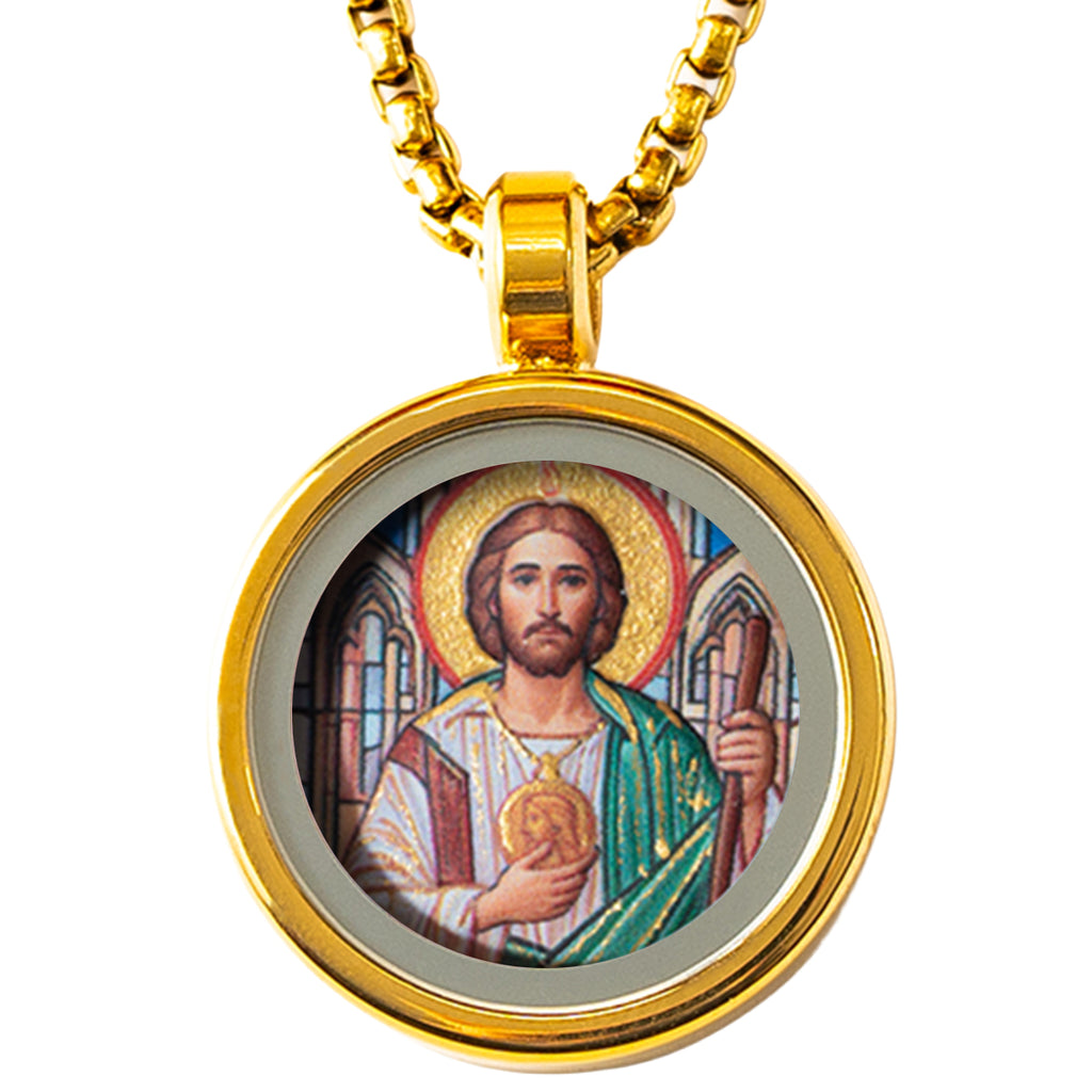 GIVELUCK 18k Plated Gold Pendant Necklace Cameo Embossing Catholic Medal Saint Jude Thaddaeus Devotional Protection Medal for Men and Women