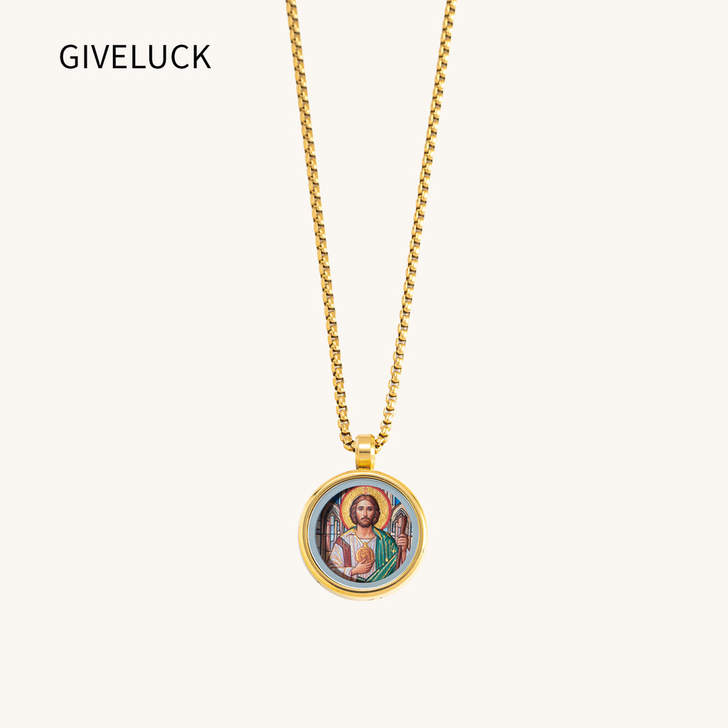 GIVELUCK 18k Plated Gold Pendant Necklace Cameo Embossing Catholic Medal Saint Jude Thaddaeus Devotional Protection Medal for Men and Women