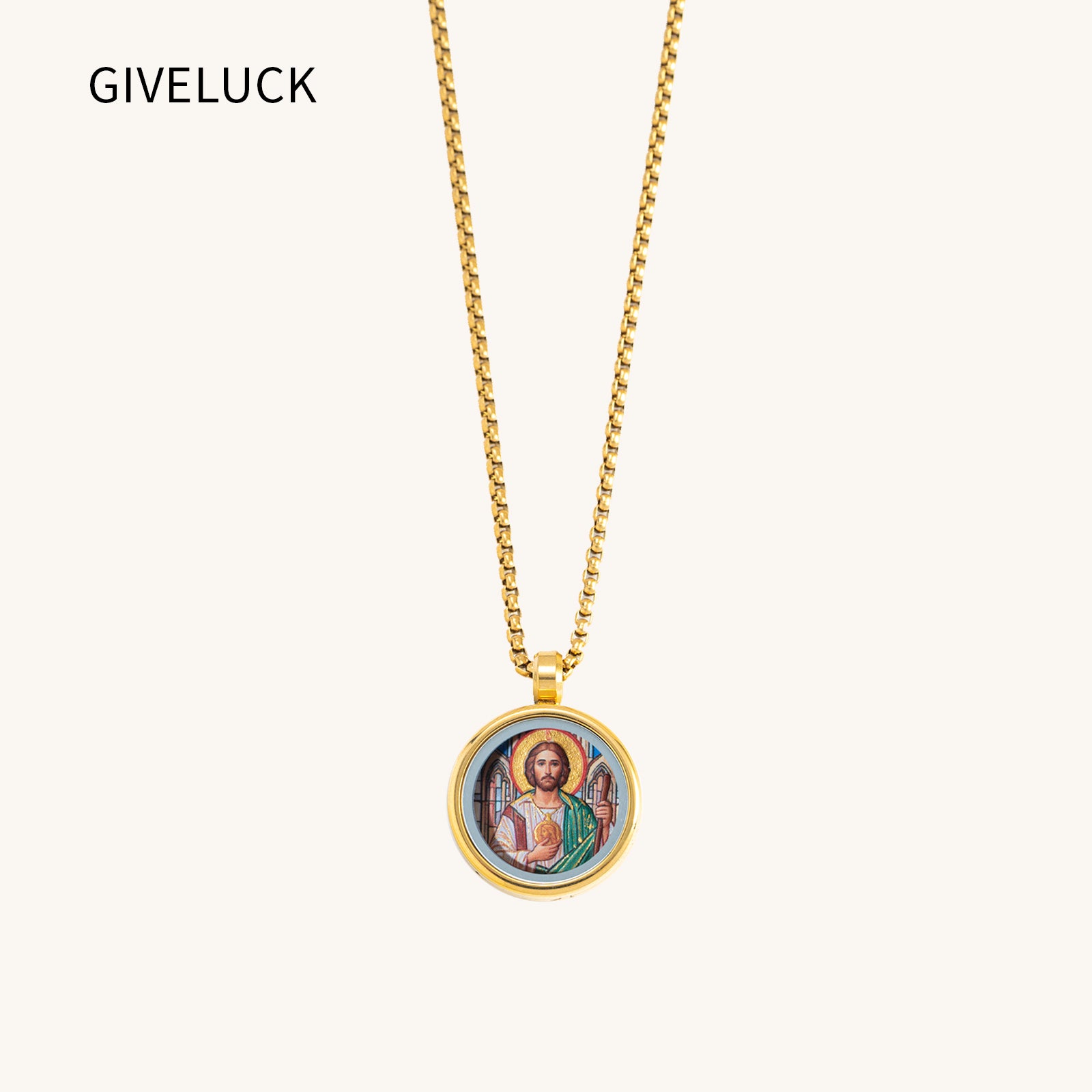 GIVELUCK 18k Plated Gold Pendant Necklace Cameo Embossing Catholic Medal Saint Jude Thaddaeus Devotional Protection Medal for Men and Women