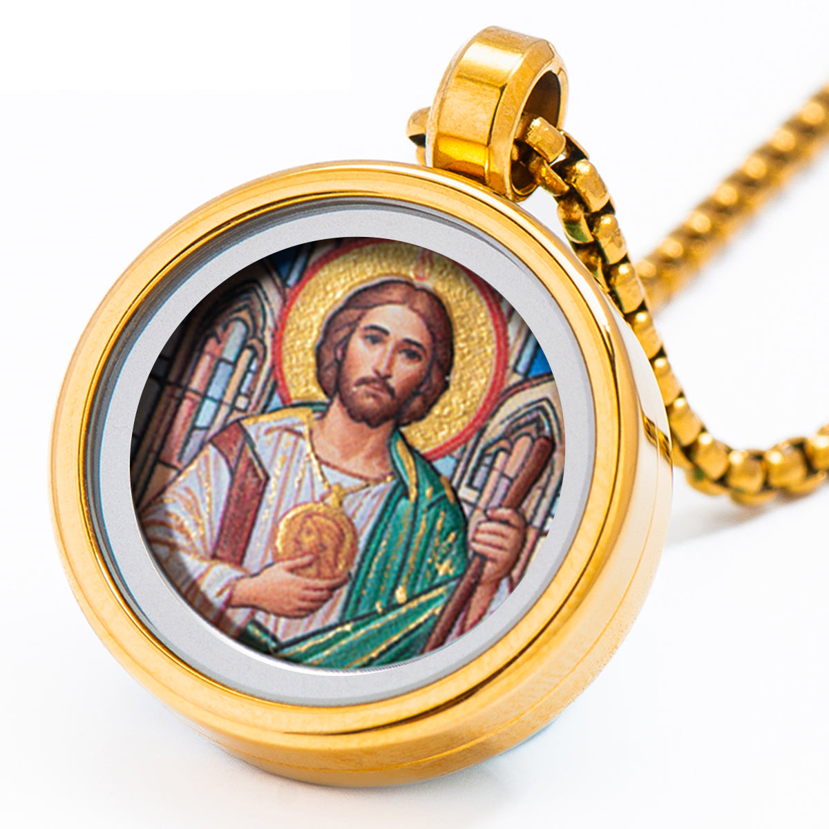 GIVELUCK 18k Plated Gold Pendant Necklace Cameo Embossing Catholic Medal Saint Jude Thaddaeus Devotional Protection Medal for Men and Women