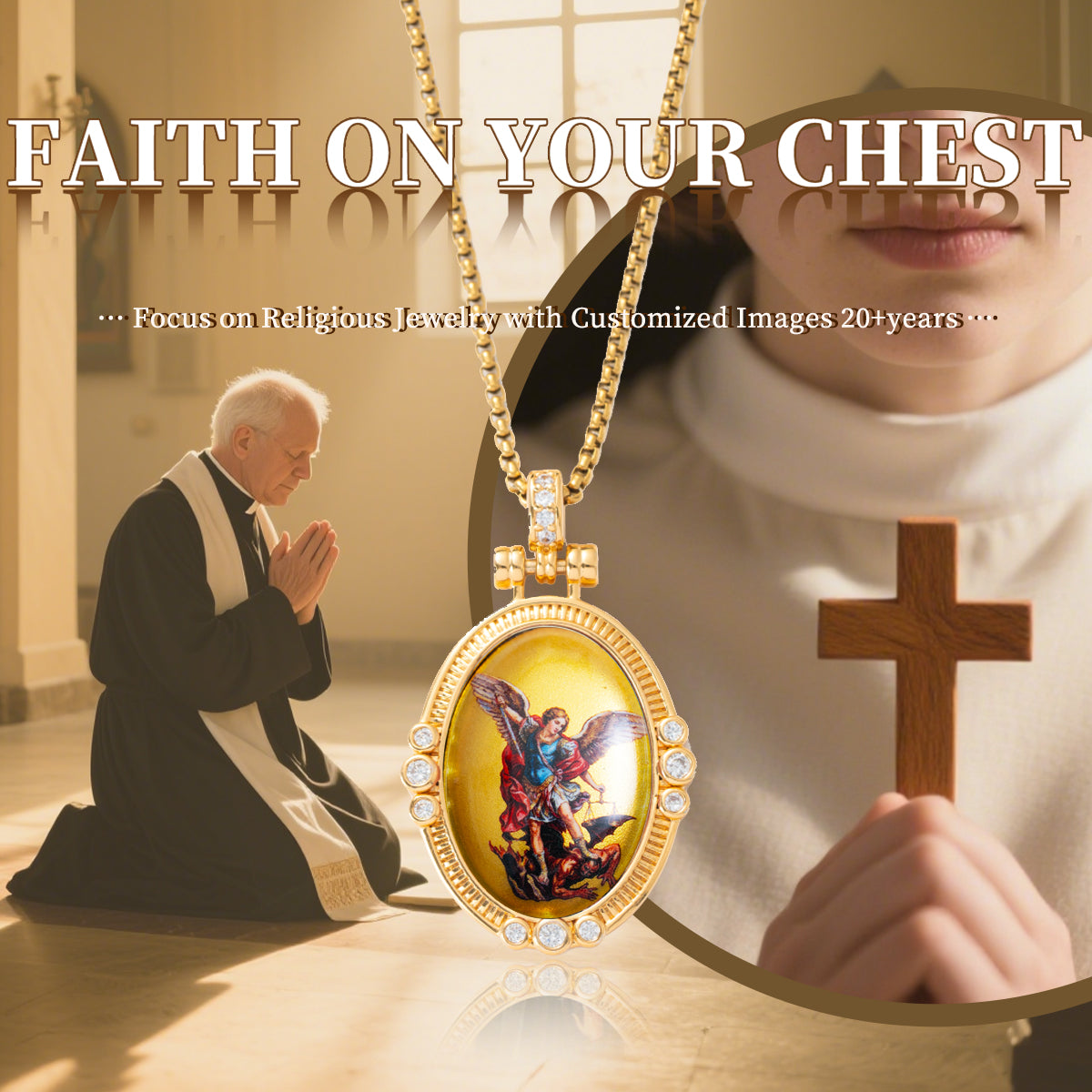 GIVELUCK 18k Plated Gold Pendant Necklace Enamel Eternal Halo St. Archangel Michael Protection Necklace for Women and Men