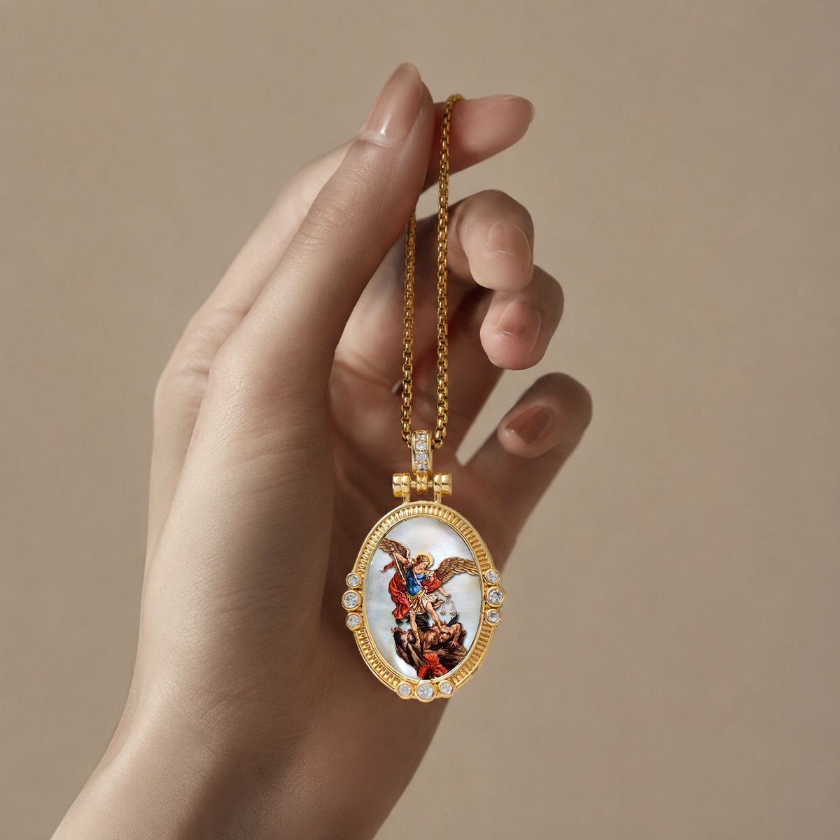 GIVELUCK St. Michael the Archangel Necklace for Men & Women, 18K Gold Plated Mother of Pearl St. Michael the Archangel Pendant with Zircon, Catholic Protection Jewelry Gift